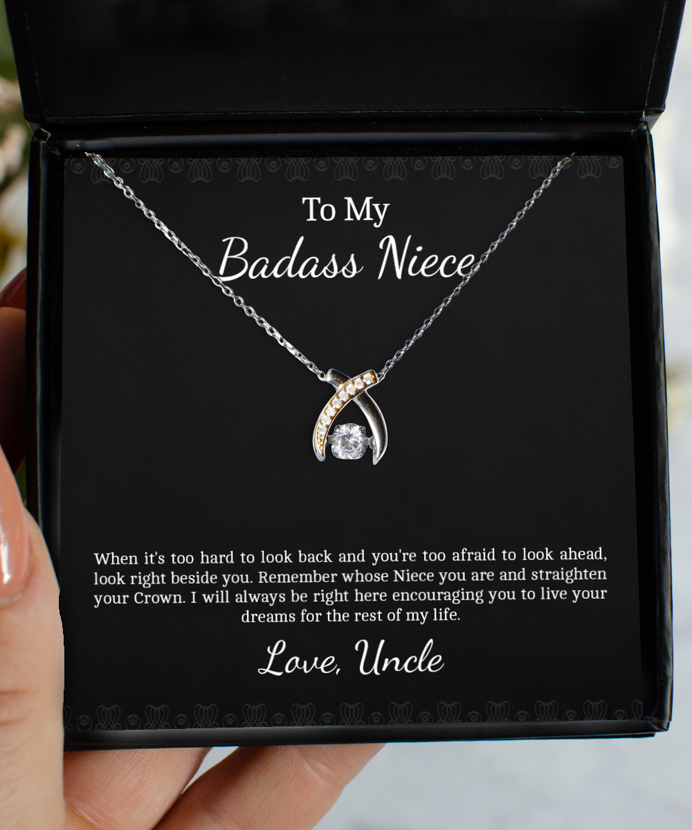 To My Badass Niece Gifts, Remember Whose Niece You Are, Wishbone Dancing Necklace For Women, Birthday Jewelry Gifts From Uncle