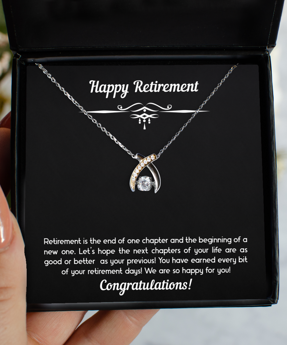 Retirement Gifts, Retirement Is The End Of One Chapter, Happy Retirement Wishbone Dancing Neckace For Women, Retirement Party Favor From Friends Coworkers