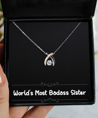 Load image into Gallery viewer, To My Badass Sister Gifts, World’s Most Badass Sister, Wishbone Dancing Necklace For Women, Birthday Jewelry Gifts From Sister
