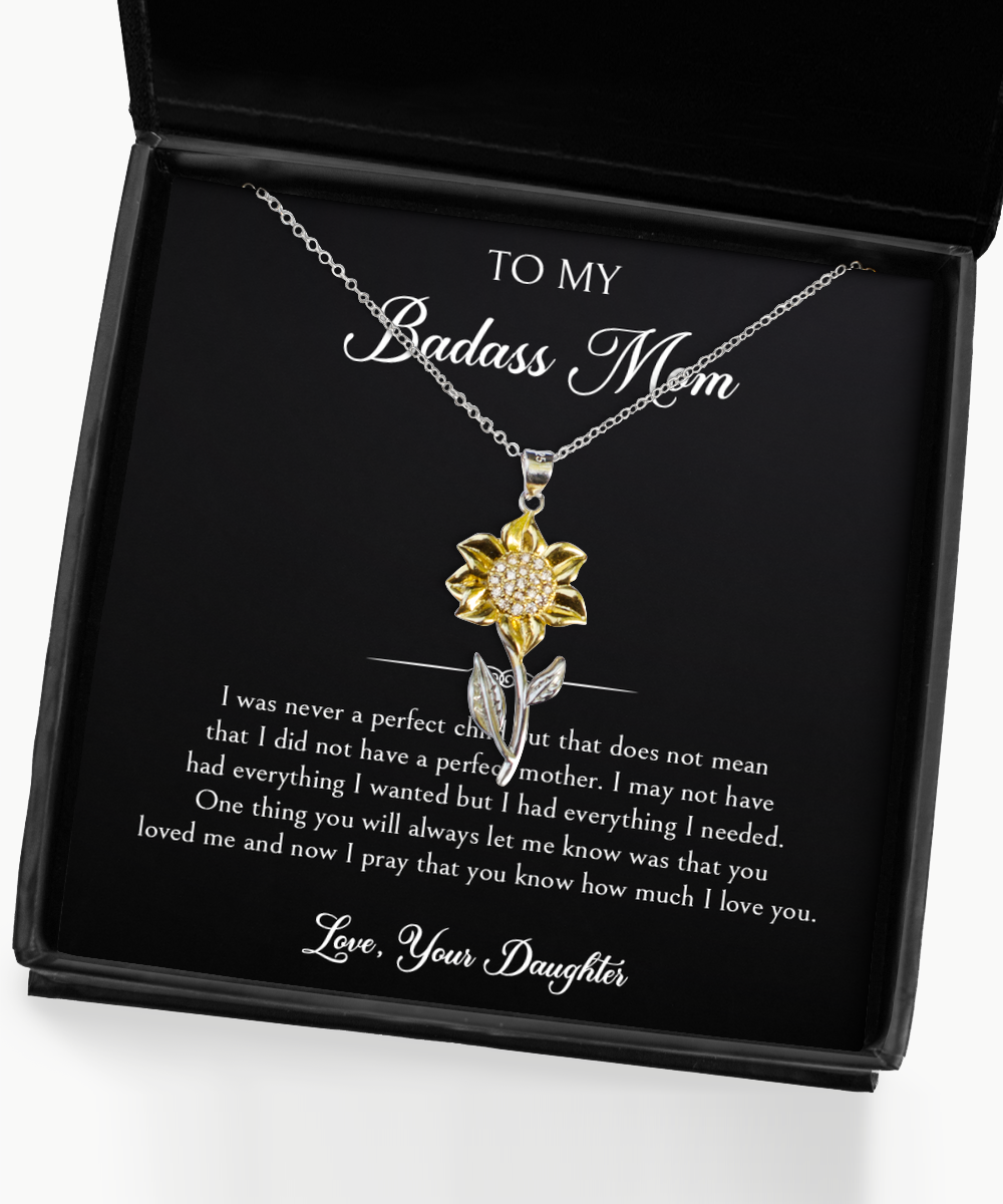 To My Badass Mom Gifts, I Love You , Sunflower Pendant Necklace For Women, Birthday Mothers Day Present From Daughter