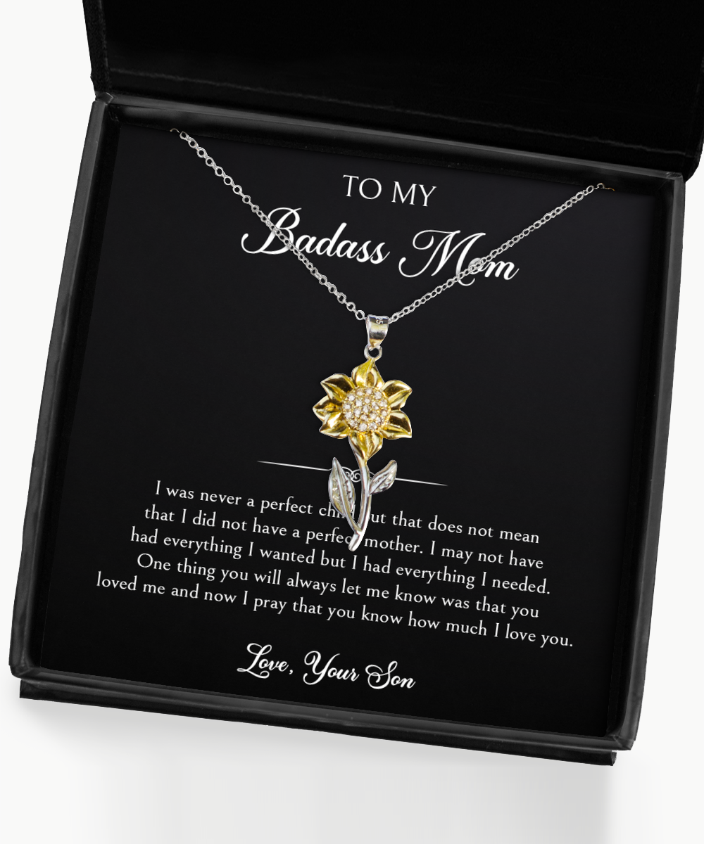 To My Badass Mom Gifts, I Love You , Sunflower Pendant Necklace For Women, Birthday Mothers Day Present From Son