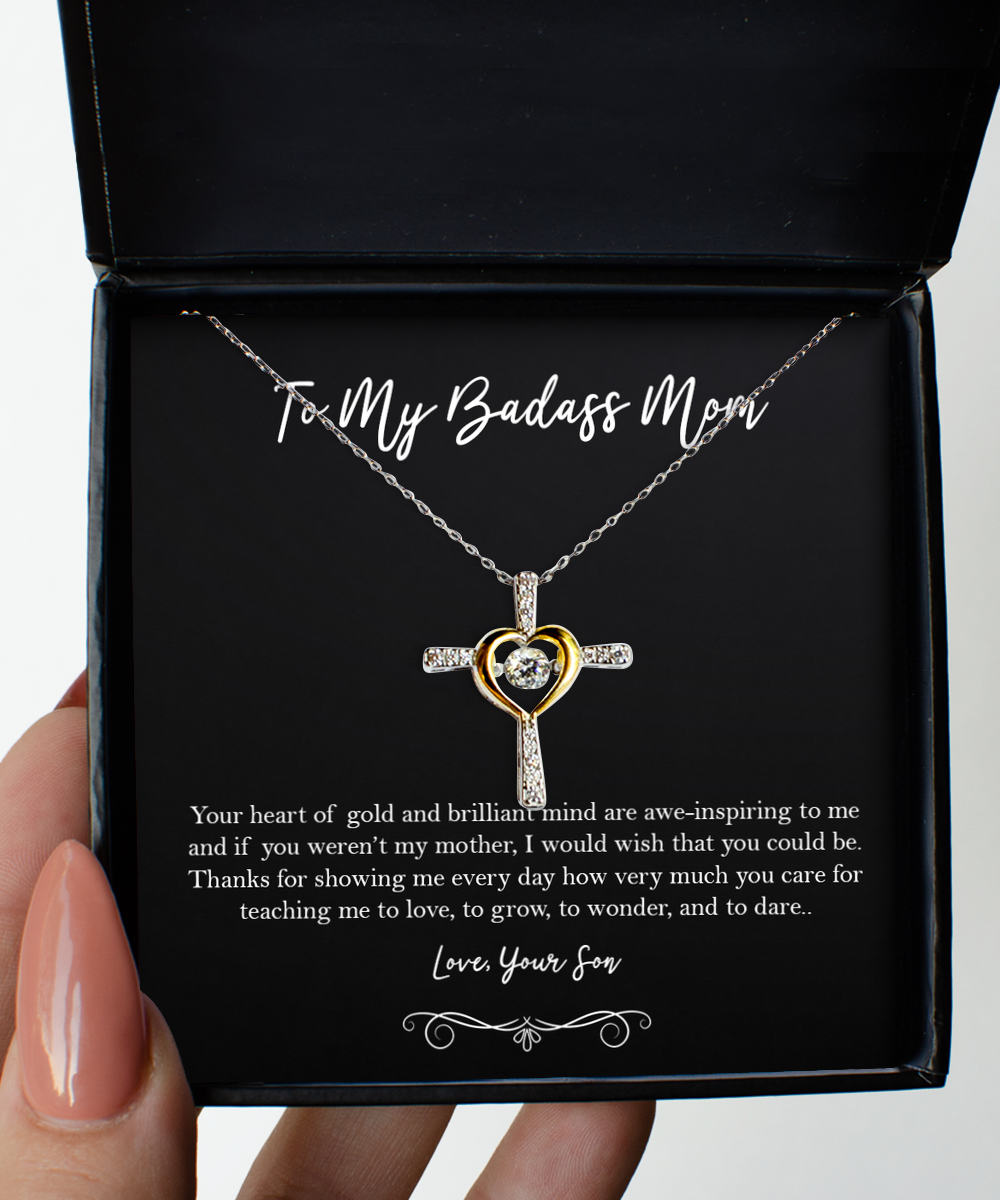 To My Badass Mom Gifts, Your Heart Of Gold And Brilliant Mind, Cross Dancing Necklace For Women, Birthday Mothers Day Present From Son