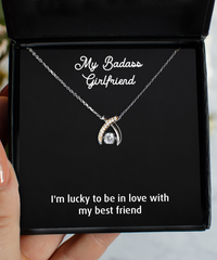 Load image into Gallery viewer, To My Badass Girlfriend, I&#39;m Lucky To Be In Love, Wishbone Dancing Necklace For Women, Anniversary Birthday Valentines Day Gifts From Boyfriend
