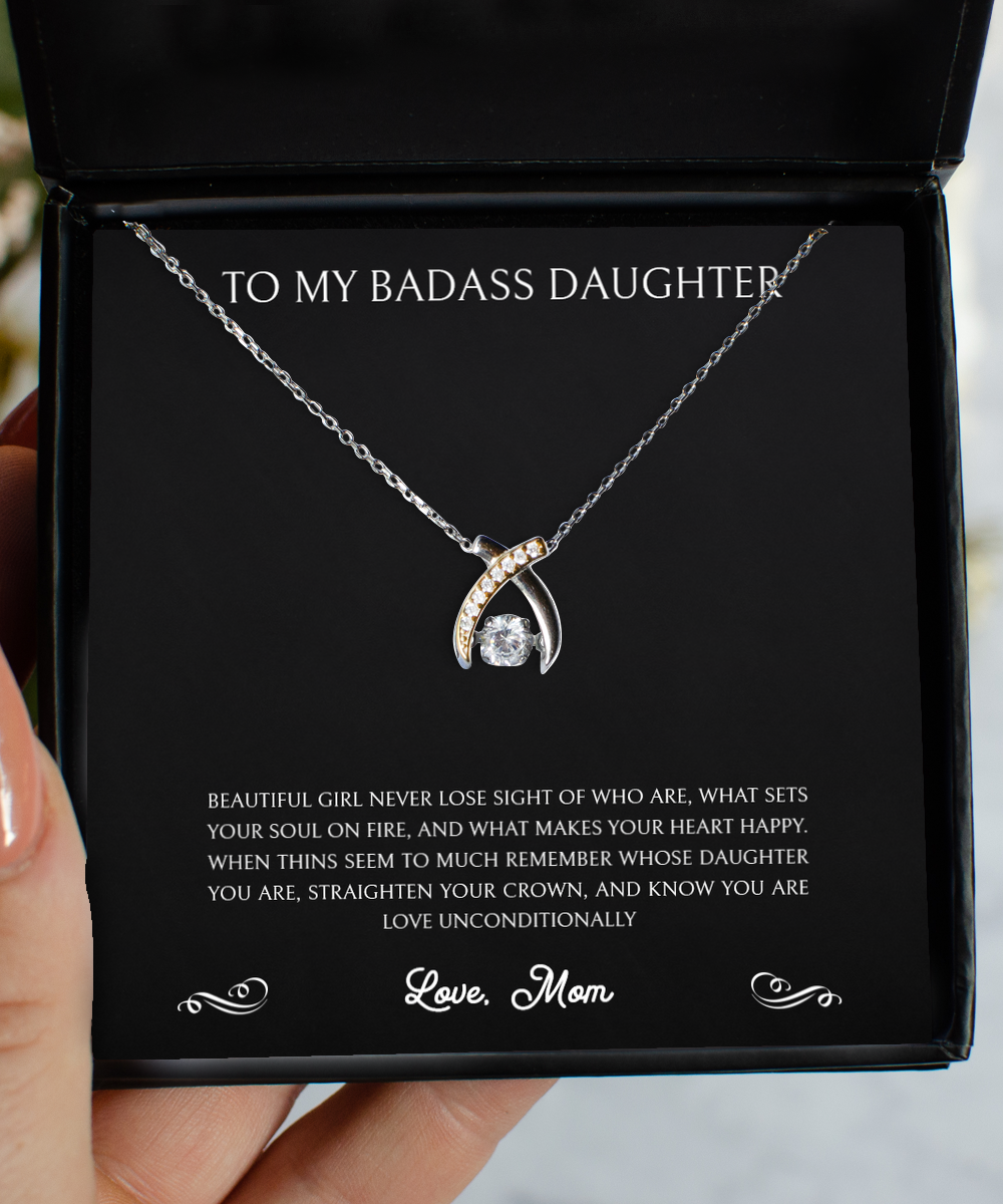 To My Badass Daughter Gifts, Remember Whose Daughter You Are, Wishbone Dancing Neckace For Women, Birthday Jewelry Gifts From Mom