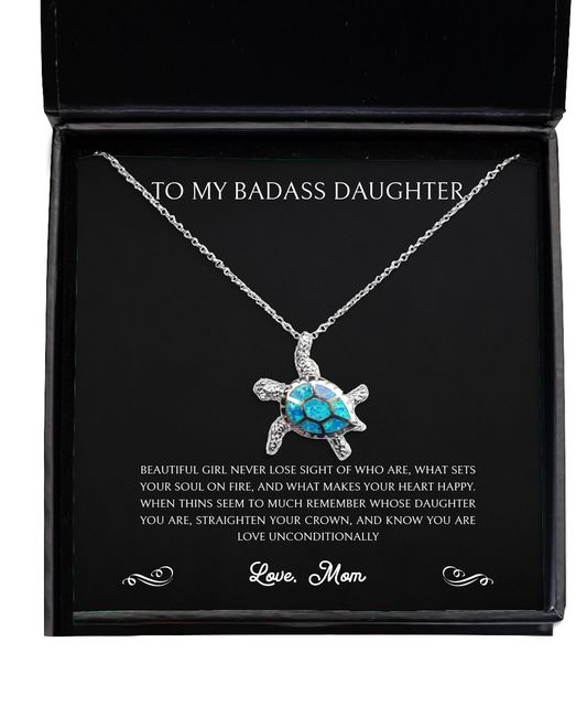 To My Badass Daughter Gifts, Remember Whose Daughter You Are, Opal Turtle Necklace For Women, Birthday Jewelry Gifts From Mom