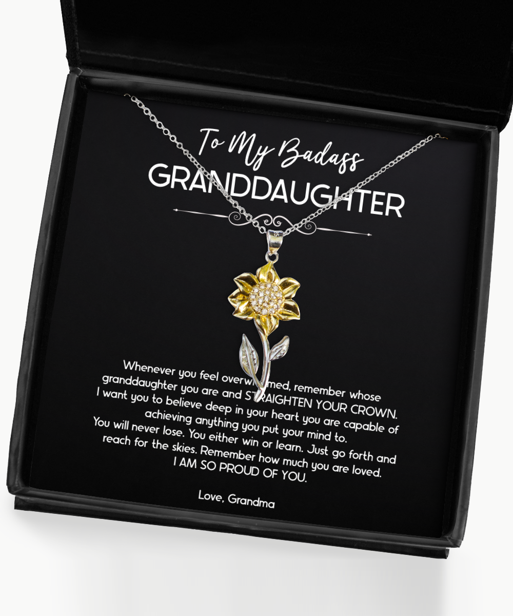To My Badass Granddaughter Gifts, I Am So Proud Of You, Sunflower Pendant Necklace For Women, Birthday Jewelry Gifts From Grandma