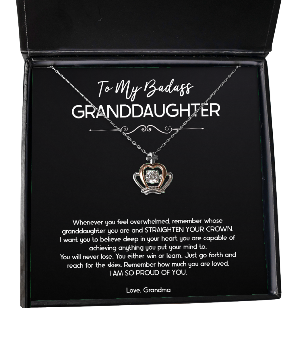 To My Badass Granddaughter Gifts, I Am So Proud Of You, Crown Pendant Necklace For Women, Birthday Jewelry Gifts From Grandma