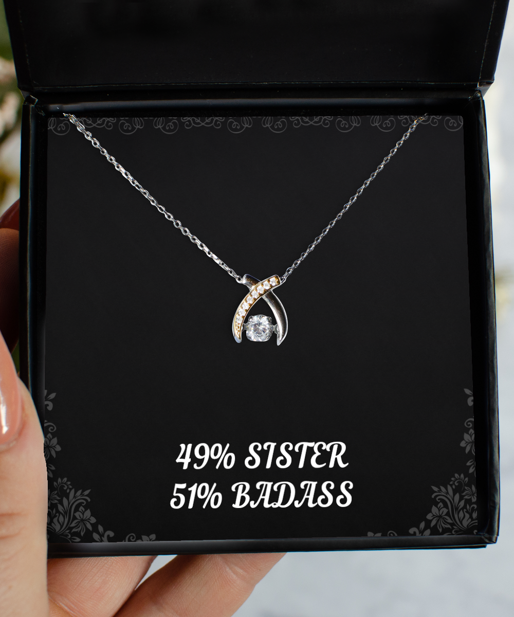 To My Badass Sister Gifts, 49% Sister 51% Badass, Wishbone Dancing Necklace For Women, Birthday Jewelry Gifts From Sister