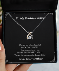 Load image into Gallery viewer, To My Badass Sister Gifts, You Are The Most Amazing Badass Sister, Wishbone Dancing Necklace For Women, Birthday Jewelry Gifts From Brother
