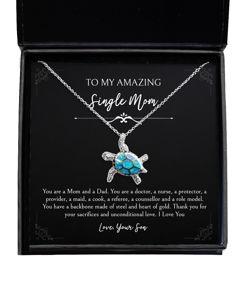 To My Single Mom Gifts, You Are A Mom And Dad, Opal Turtle Necklace For Women, Birthday Mothers Day Present From Son