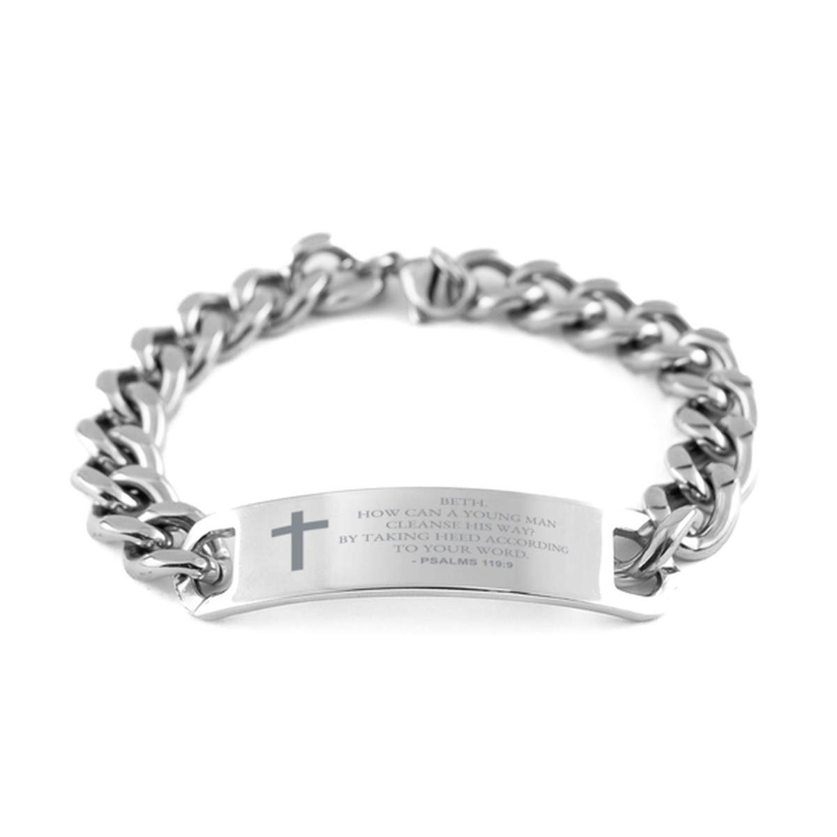 Bible Verse Chain Stainless Steel Bracelet, Psalms 119:9 Beth. How Can A Young Man Cleanse His Way? By, Inspirational Christian Gifts For Men Women