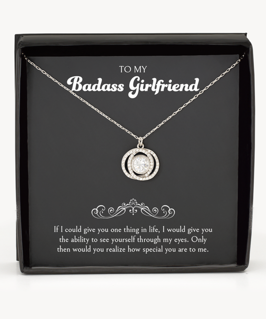 Badass Girlfriend Necklace, 1 Year Anniversary For Girlfriends Unique Gifts, Beautiful Birthday Gifts for Her Romantic, To My Badass Girlfriend Double Crystal Circle Necklace For Women