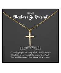 Load image into Gallery viewer, Badass Girlfriend Necklace, 1 Year Anniversary For Girlfriends Unique Gifts, Beautiful Birthday Gifts for Her Romantic, To My Badass Girlfriend Crystal Gold Cross Necklace For Women
