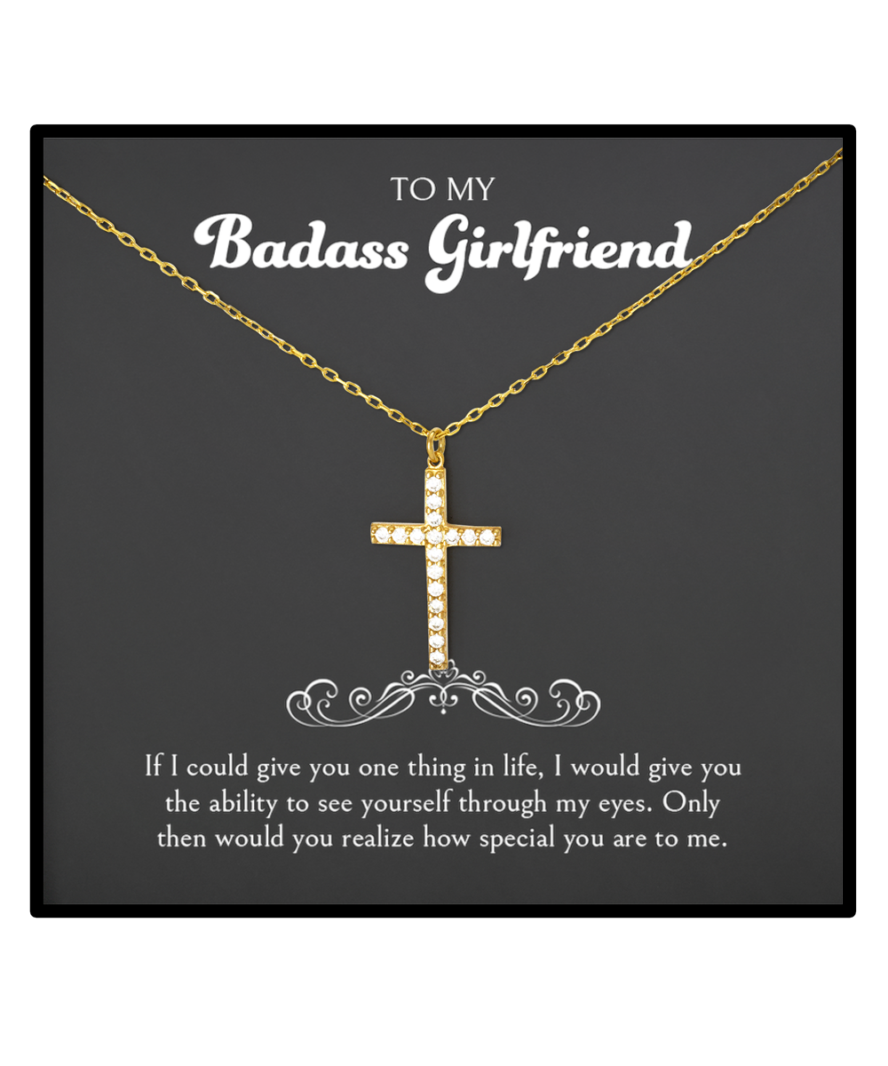 Badass Girlfriend Necklace, 1 Year Anniversary For Girlfriends Unique Gifts, Beautiful Birthday Gifts for Her Romantic, To My Badass Girlfriend Crystal Gold Cross Necklace For Women