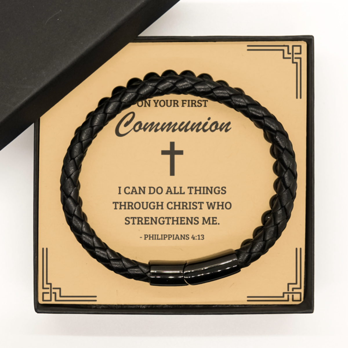 First Communion Gifts For Boys, I Can Do All Things Through Christ, 1st Communion Stone Leather Bracelet with Bible Verse Message Card for Son, Grandson
