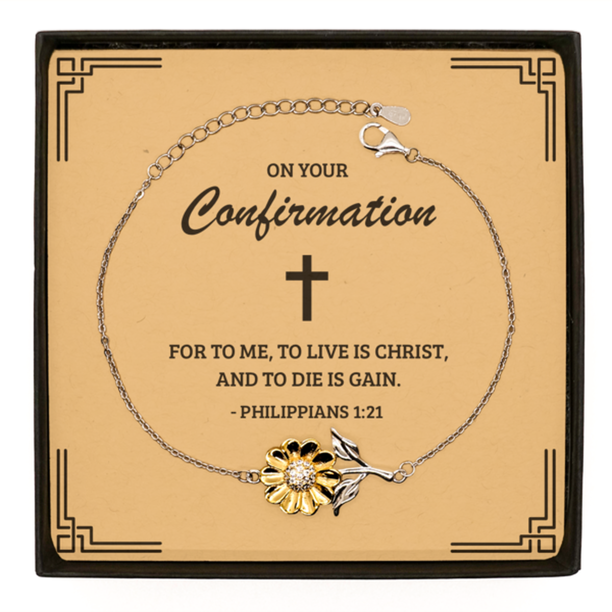 Confirmation Gifts for Teenage Girls, To live is Christ, and to die is gain, .925 Sterling Silver Sunflower Bracelet with Bible Verse Message Card, Religious Catholic Bracelet for Daughter, Granddaughter