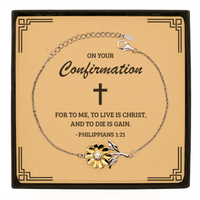 Load image into Gallery viewer, Confirmation Gifts for Teenage Girls, To live is Christ, and to die is gain, .925 Sterling Silver Sunflower Bracelet with Bible Verse Message Card, Religious Catholic Bracelet for Daughter, Granddaughter

