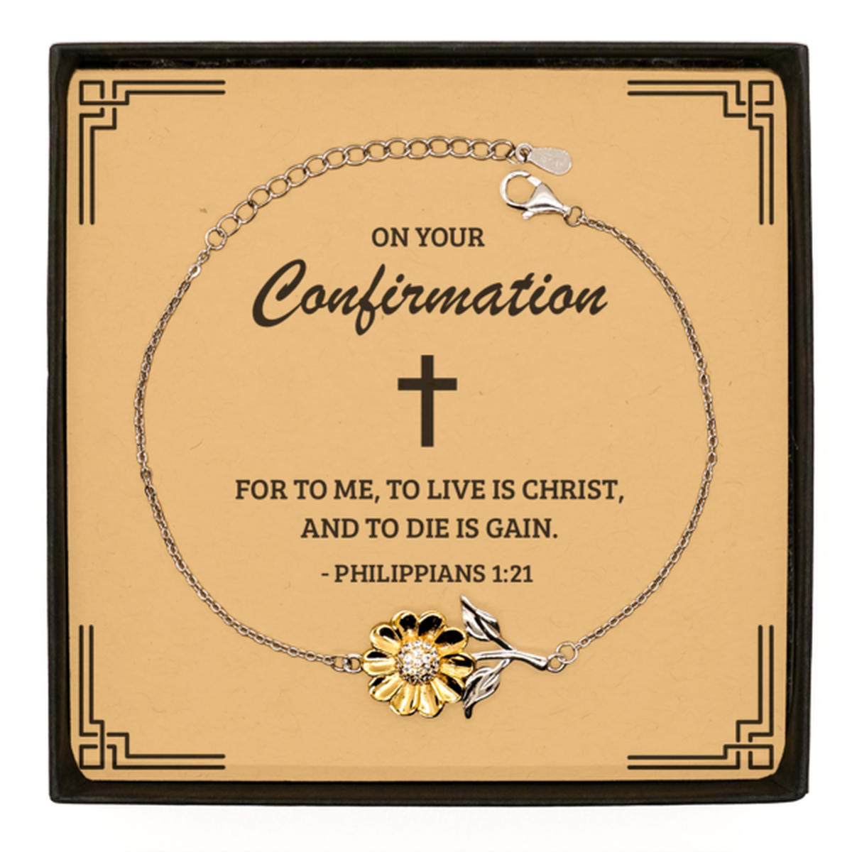 Confirmation Gifts for Teenage Girls, To live is Christ, and to die is gain, .925 Sterling Silver Sunflower Bracelet with Bible Verse Message Card, Religious Catholic Bracelet for Daughter, Granddaughter