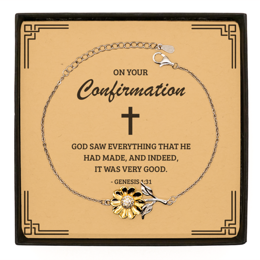 Confirmation Gifts for Teenage Girls, God saw everything that he had made, .925 Sterling Silver Sunflower Bracelet with Bible Verse Message Card, Religious Catholic Bracelet for Daughter, Granddaughter