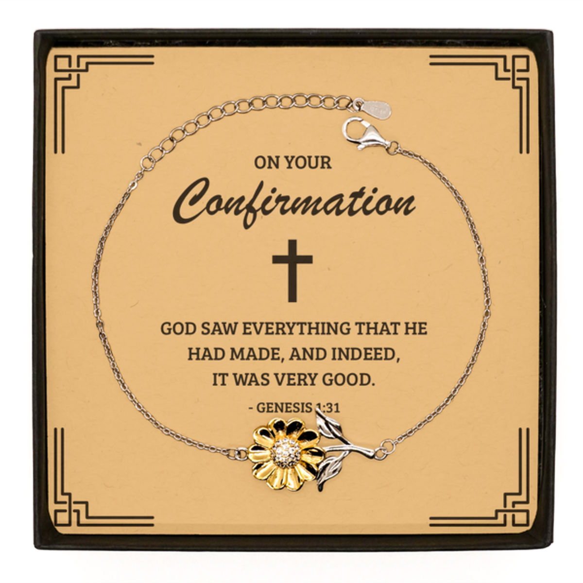 Confirmation Gifts for Teenage Girls, God saw everything that he had made, .925 Sterling Silver Sunflower Bracelet with Bible Verse Message Card, Religious Catholic Bracelet for Daughter, Granddaughter