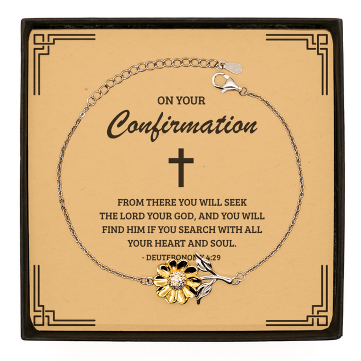 Confirmation Gifts for Teenage Girls, From there you will seek the Lord your God, .925 Sterling Silver Sunflower Bracelet with Bible Verse Message Card, Religious Catholic Bracelet for Daughter, Granddaughter