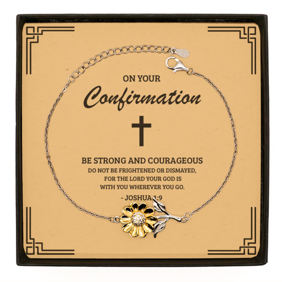 Confirmation Gifts for Teenage Girls, Be strong and courageous, .925 Sterling Silver Sunflower Bracelet with Bible Verse Message Card, Religious Catholic Bracelet for Daughter, Granddaughter
