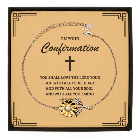 Confirmation Gifts for Teenage Girls, You shall love the Lord your God, .925 Sterling Silver Sunflower Bracelet with Bible Verse Message Card, Religious Catholic Bracelet for Daughter, Granddaughter
