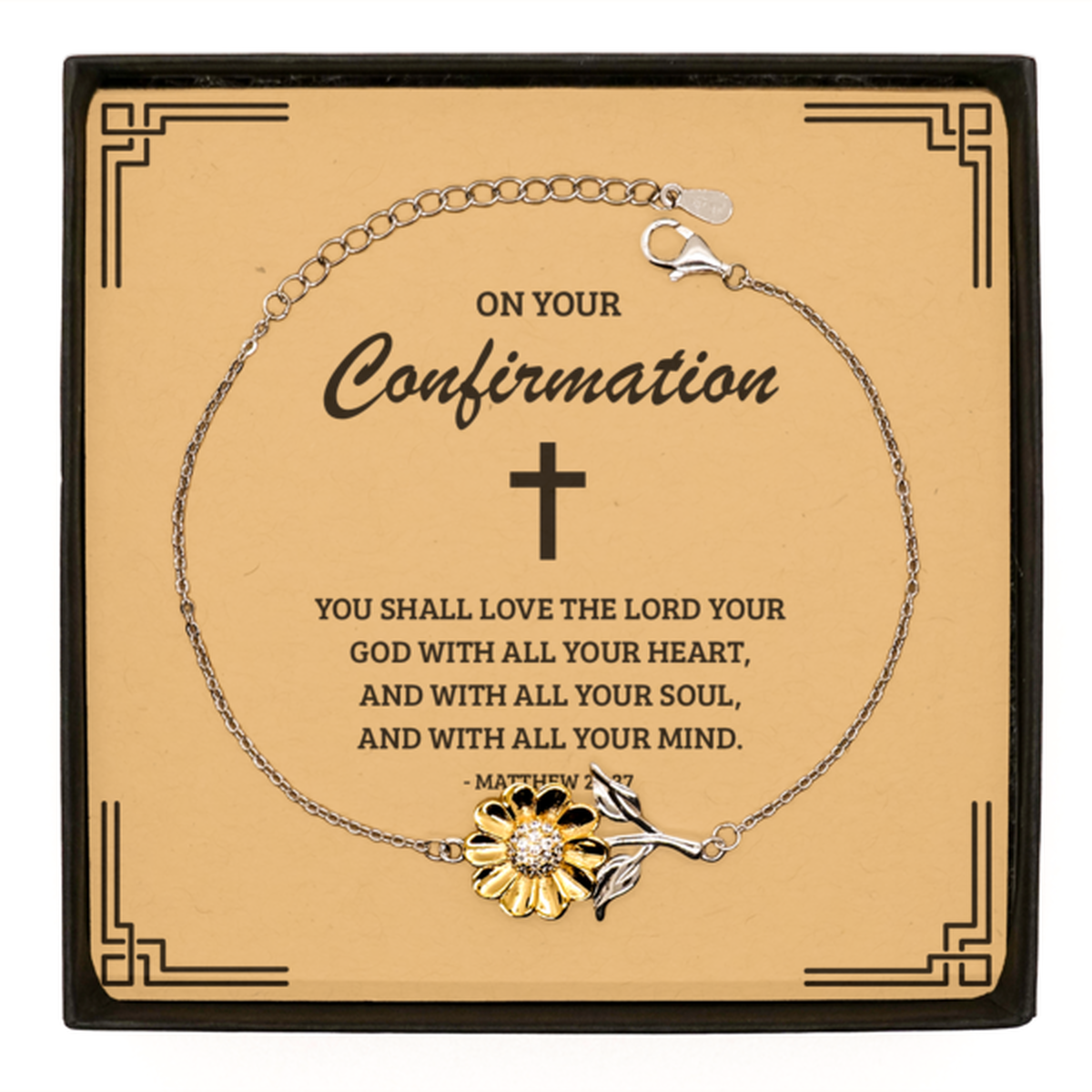 Confirmation Gifts for Teenage Girls, You shall love the Lord your God, .925 Sterling Silver Sunflower Bracelet with Bible Verse Message Card, Religious Catholic Bracelet for Daughter, Granddaughter