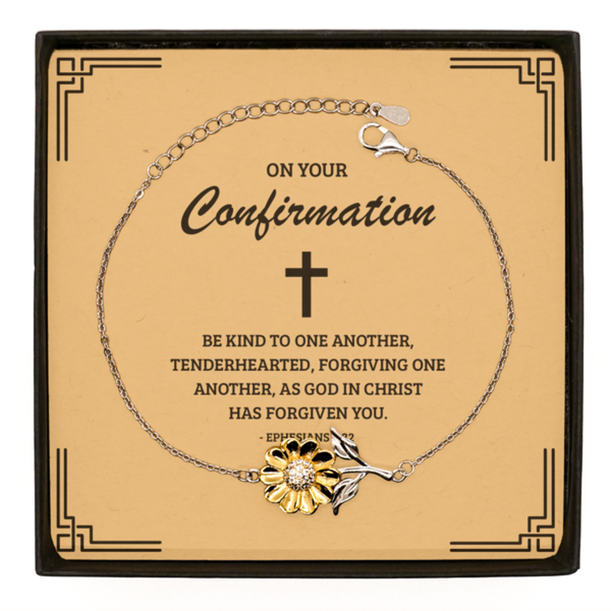 Confirmation Gifts for Teenage Girls, Be kind to one another, .925 Sterling Silver Sunflower Bracelet with Bible Verse Message Card, Religious Catholic Bracelet for Daughter, Granddaughter