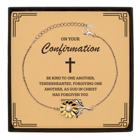 Confirmation Gifts for Teenage Girls, Be kind to one another, .925 Sterling Silver Sunflower Bracelet with Bible Verse Message Card, Religious Catholic Bracelet for Daughter, Granddaughter