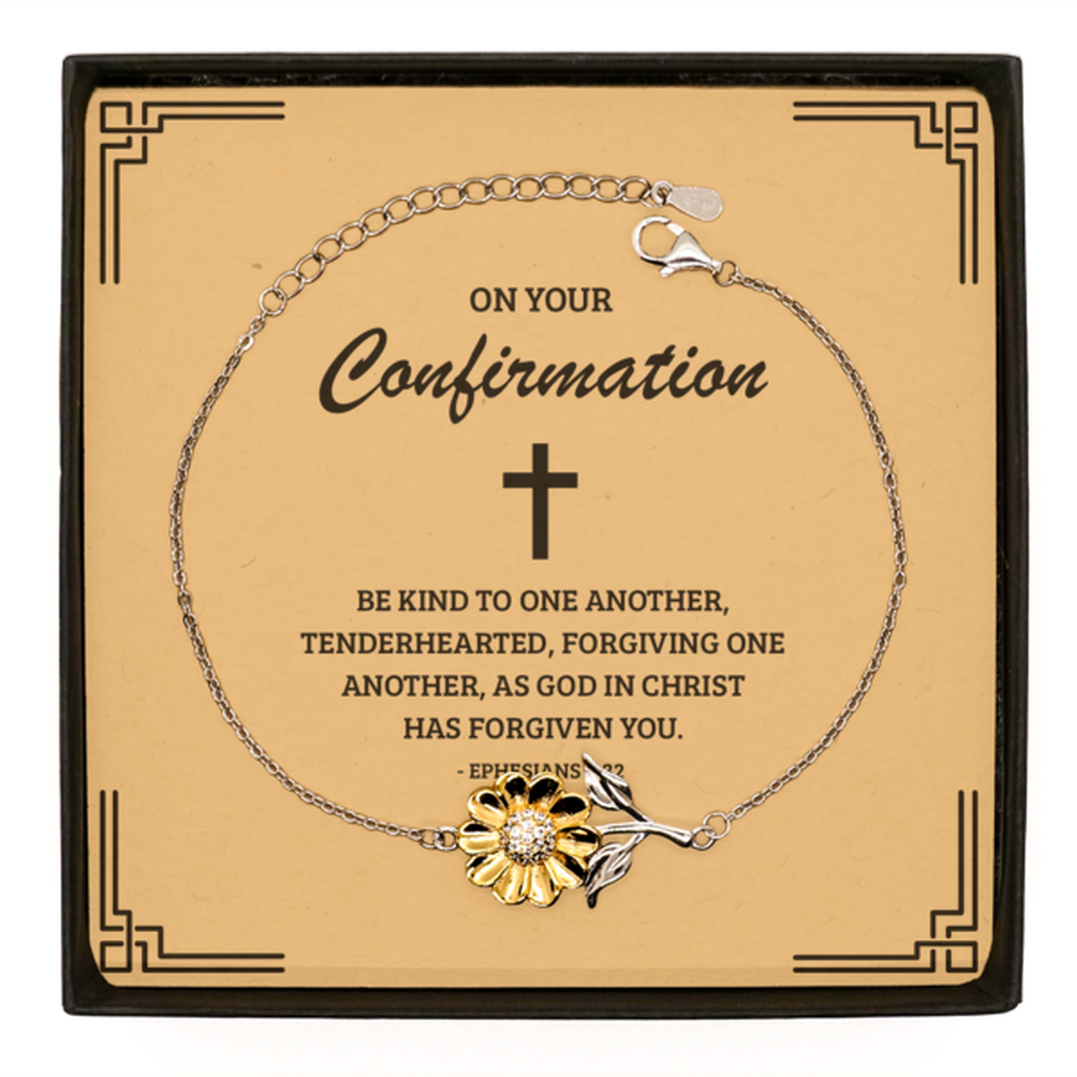 Confirmation Gifts for Teenage Girls, Be kind to one another, .925 Sterling Silver Sunflower Bracelet with Bible Verse Message Card, Religious Catholic Bracelet for Daughter, Granddaughter
