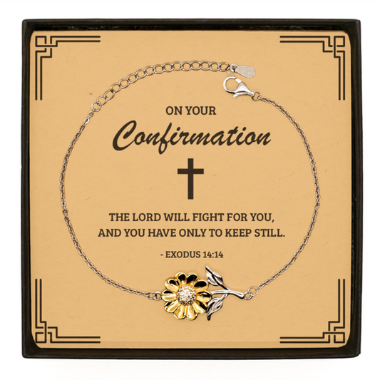 Confirmation Gifts for Teenage Girls, The Lord will fight for you, .925 Sterling Silver Sunflower Bracelet with Bible Verse Message Card, Religious Catholic Bracelet for Daughter, Granddaughter