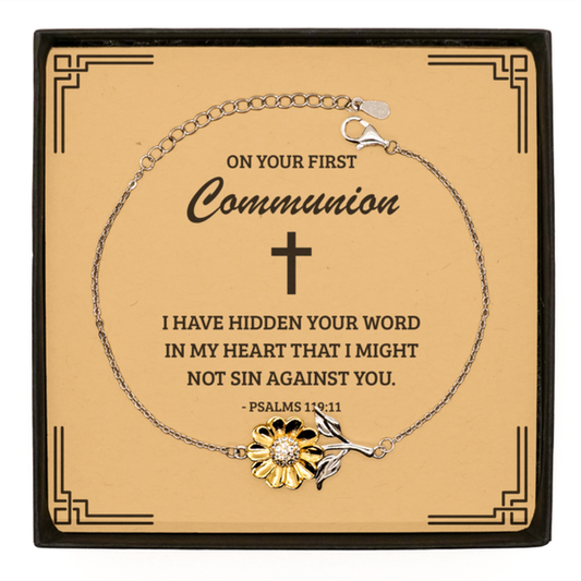 First Communion Gifts for Teenage Girls, I have hidden your word in my heart, .925 Sterling Silver Sunflower Bracelet with Bible Verse Message Card, Religious Catholic Bracelet for Daughter, Granddaughter