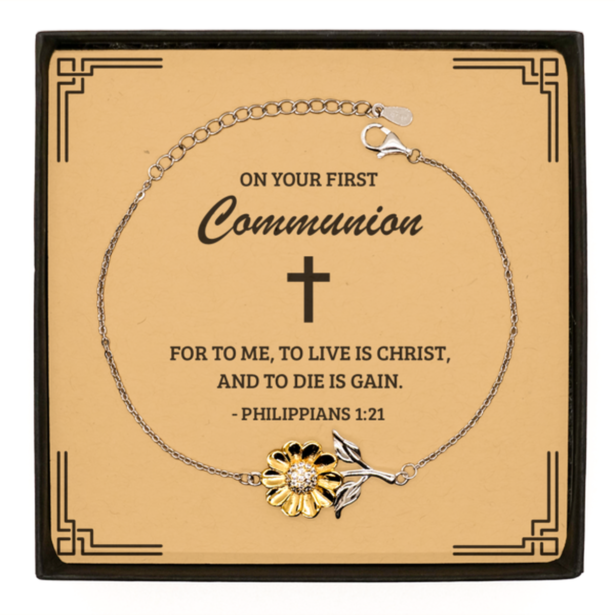 First Communion Gifts for Teenage Girls, To live is Christ, and to die is gain, .925 Sterling Silver Sunflower Bracelet with Bible Verse Message Card, Religious Catholic Bracelet for Daughter, Granddaughter