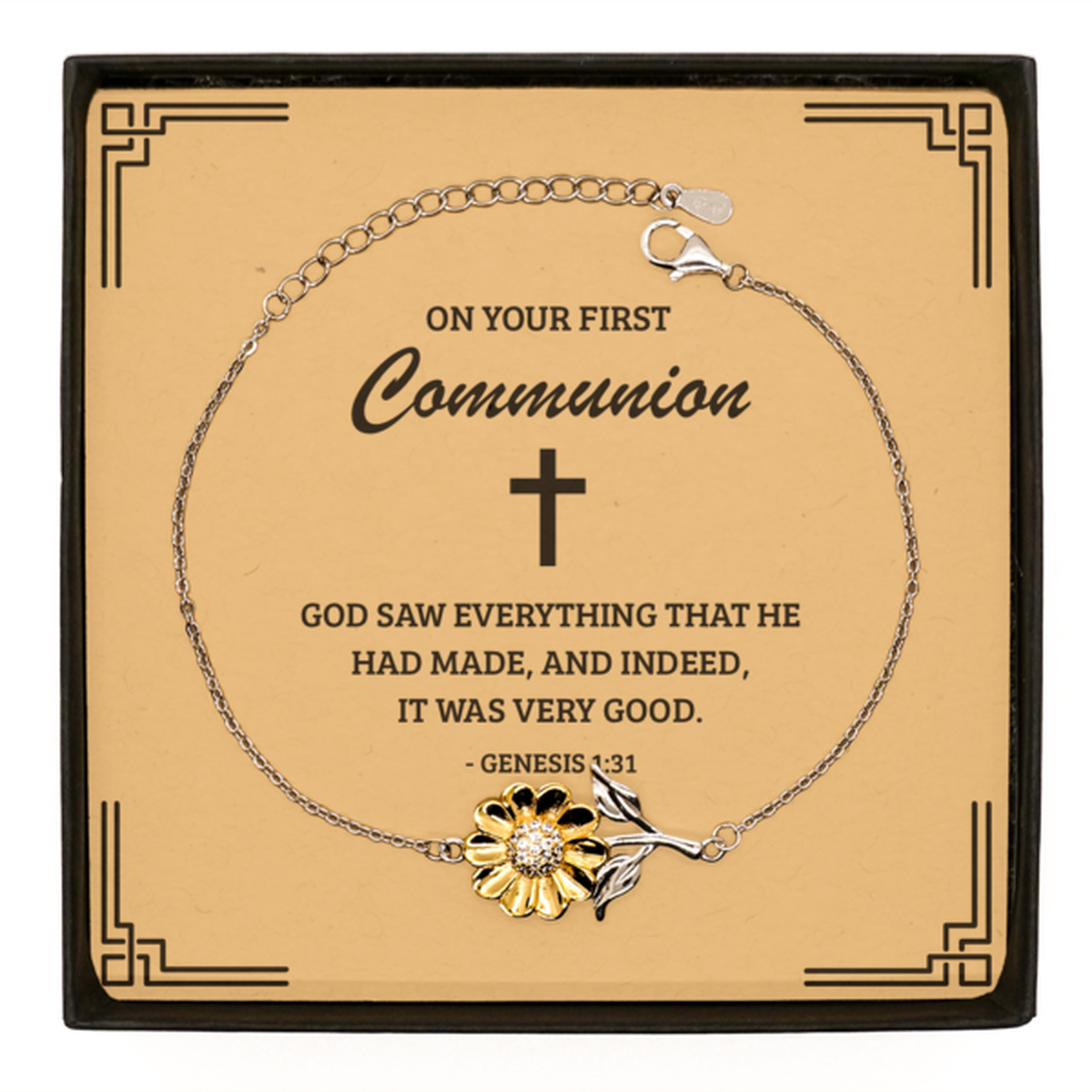 First Communion Gifts for Teenage Girls, God saw everything that he had made, .925 Sterling Silver Sunflower Bracelet with Bible Verse Message Card, Religious Catholic Bracelet for Daughter, Granddaughter