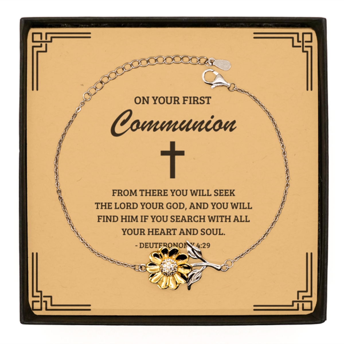 First Communion Gifts for Teenage Girls, From there you will seek the Lord your God, .925 Sterling Silver Sunflower Bracelet with Bible Verse Message Card, Religious Catholic Bracelet for Daughter, Granddaughter