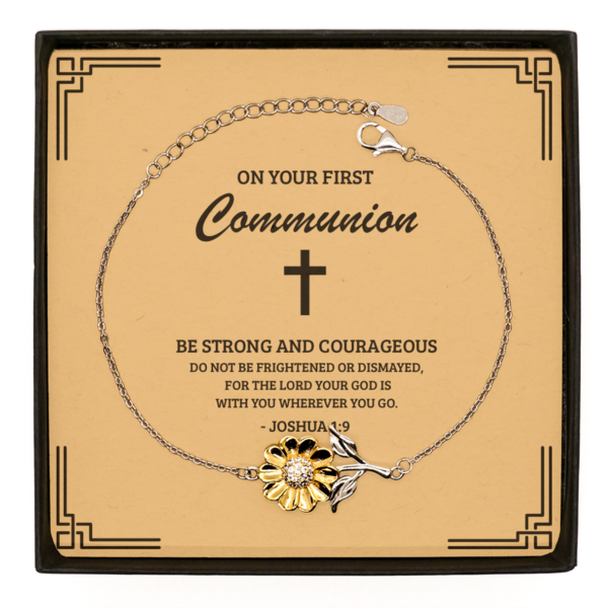 First Communion Gifts for Teenage Girls, Be strong and courageous, .925 Sterling Silver Sunflower Bracelet with Bible Verse Message Card, Religious Catholic Bracelet for Daughter, Granddaughter