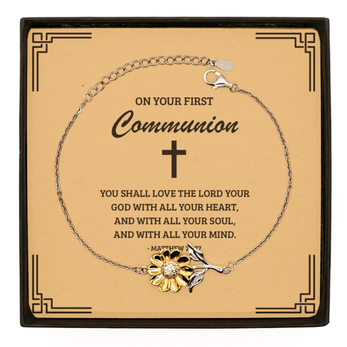First Communion Gifts for Teenage Girls, You shall love the Lord your God, .925 Sterling Silver Sunflower Bracelet with Bible Verse Message Card, Religious Catholic Bracelet for Daughter, Granddaughter