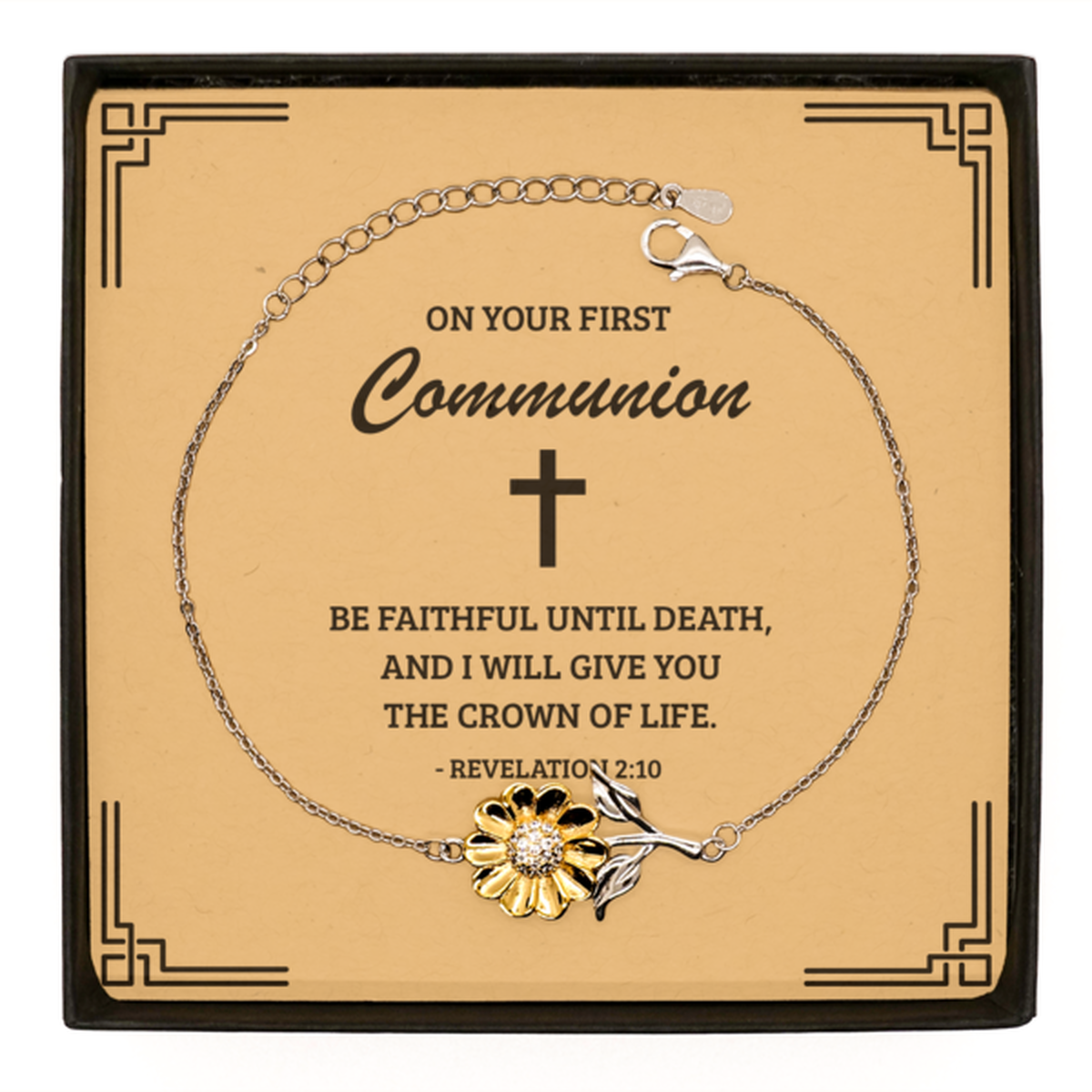 First Communion Gifts for Teenage Girls, Be faithful until death, .925 Sterling Silver Sunflower Bracelet with Bible Verse Message Card, Religious Catholic Bracelet for Daughter, Granddaughter