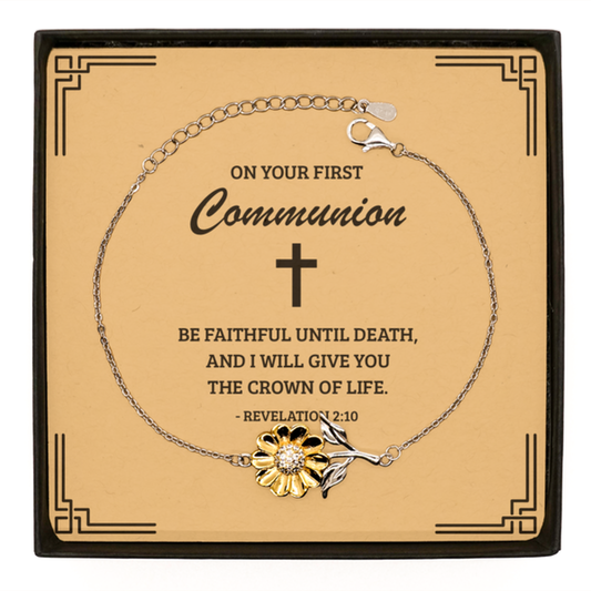 First Communion Gifts for Teenage Girls, Be faithful until death, .925 Sterling Silver Sunflower Bracelet with Bible Verse Message Card, Religious Catholic Bracelet for Daughter, Granddaughter