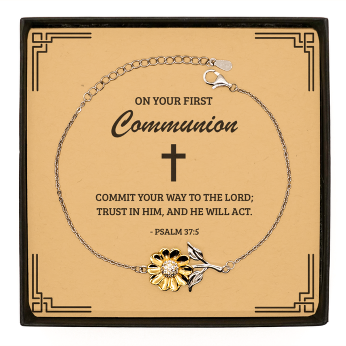 First Communion Gifts for Teenage Girls, Commit your way to the Lord, .925 Sterling Silver Sunflower Bracelet with Bible Verse Message Card, Religious Catholic Bracelet for Daughter, Granddaughter