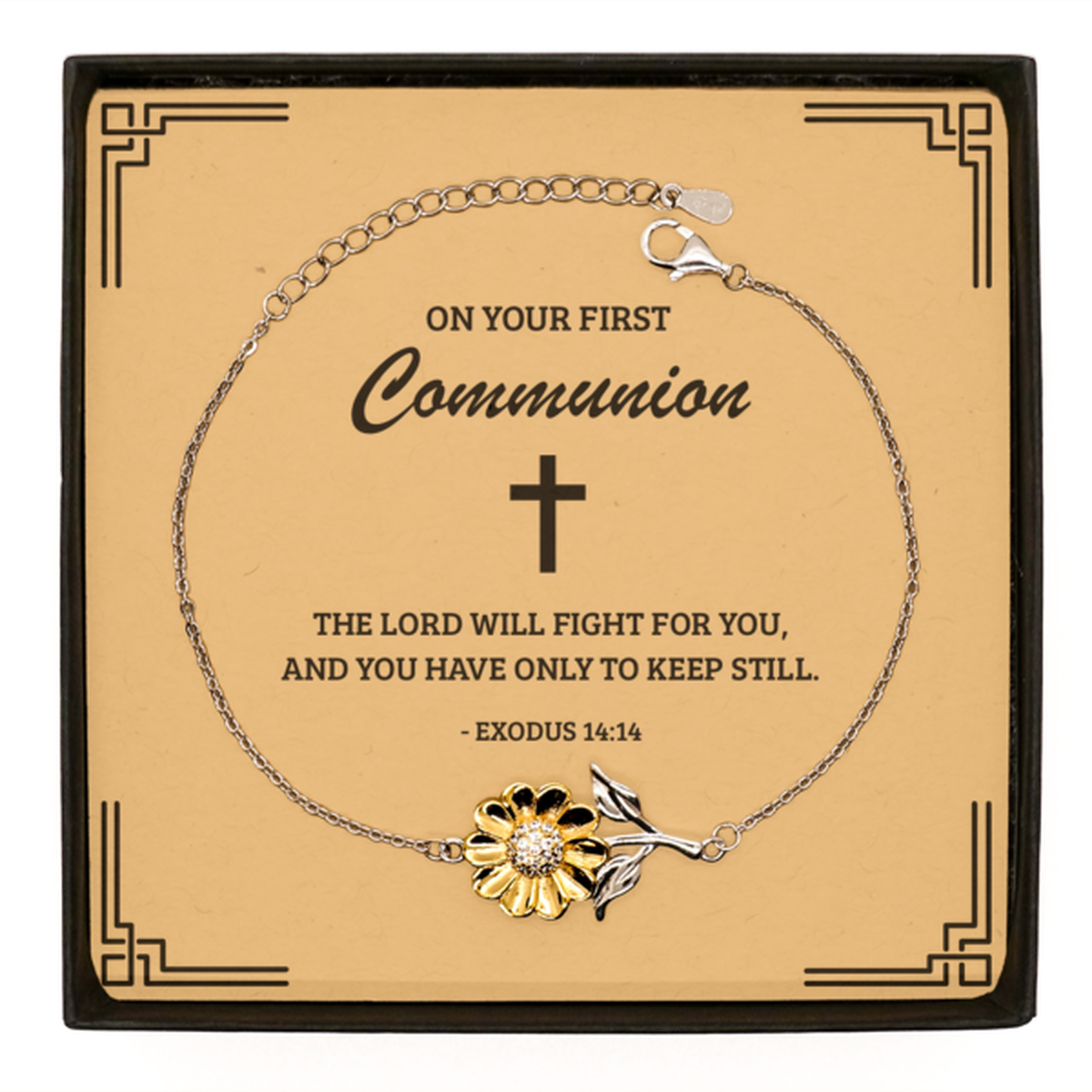 First Communion Gifts for Teenage Girls, The Lord will fight for you, .925 Sterling Silver Sunflower Bracelet with Bible Verse Message Card, Religious Catholic Bracelet for Daughter, Granddaughter