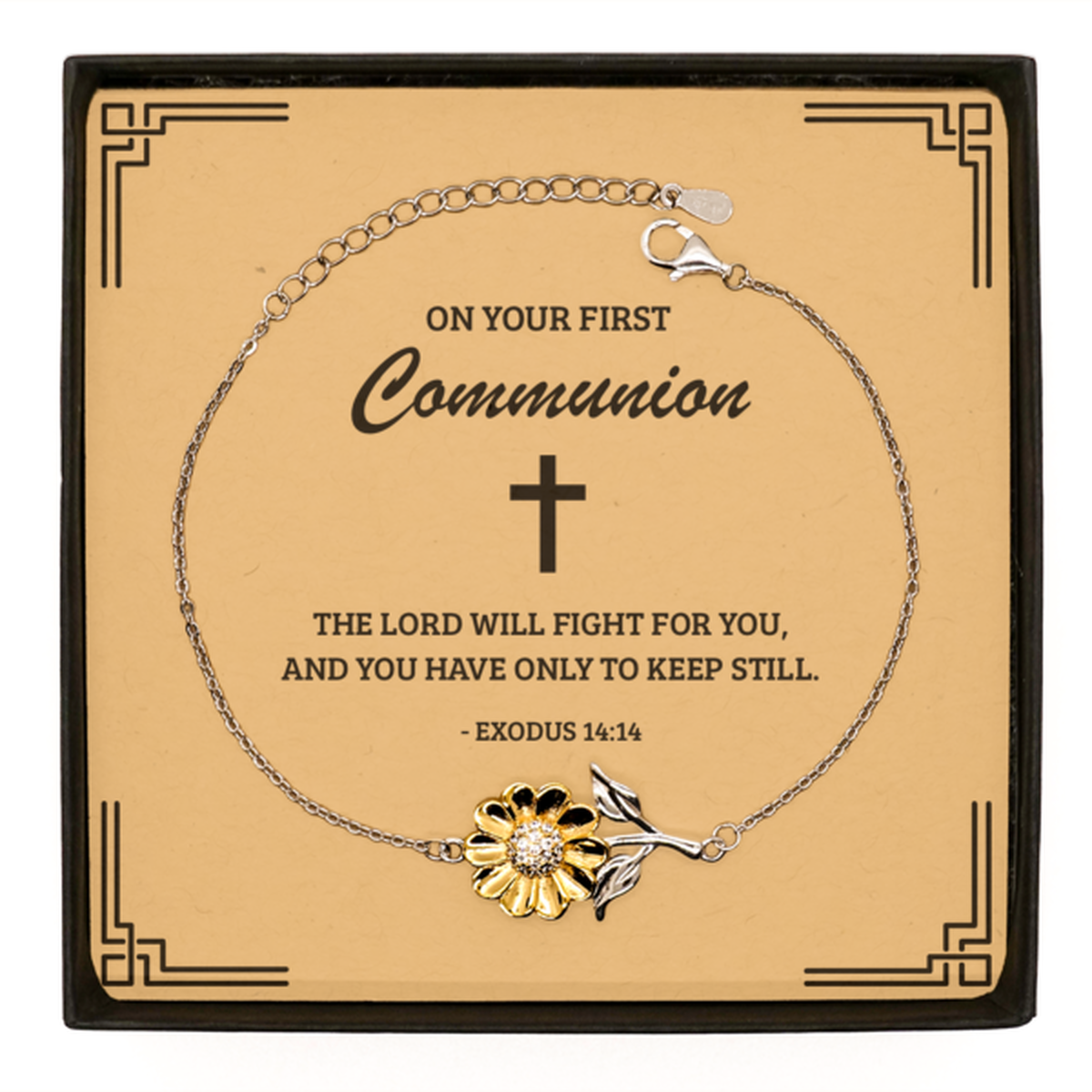 First Communion Gifts for Teenage Girls, The Lord will fight for you, .925 Sterling Silver Sunflower Bracelet with Bible Verse Message Card, Religious Catholic Bracelet for Daughter, Granddaughter