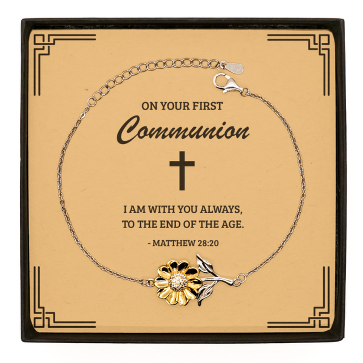 First Communion Gifts for Teenage Girls, I am with you always, .925 Sterling Silver Sunflower Bracelet with Bible Verse Message Card, Religious Catholic Bracelet for Daughter, Granddaughter