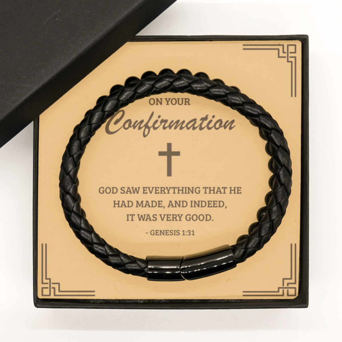 Confirmation Gifts for Teenage Boys, God saw everything that he had made, Stone Leather Bracelet with Bible Verse Message Card, Religious Catholic Bracelet for Son, Grandson, Dad, Godfather