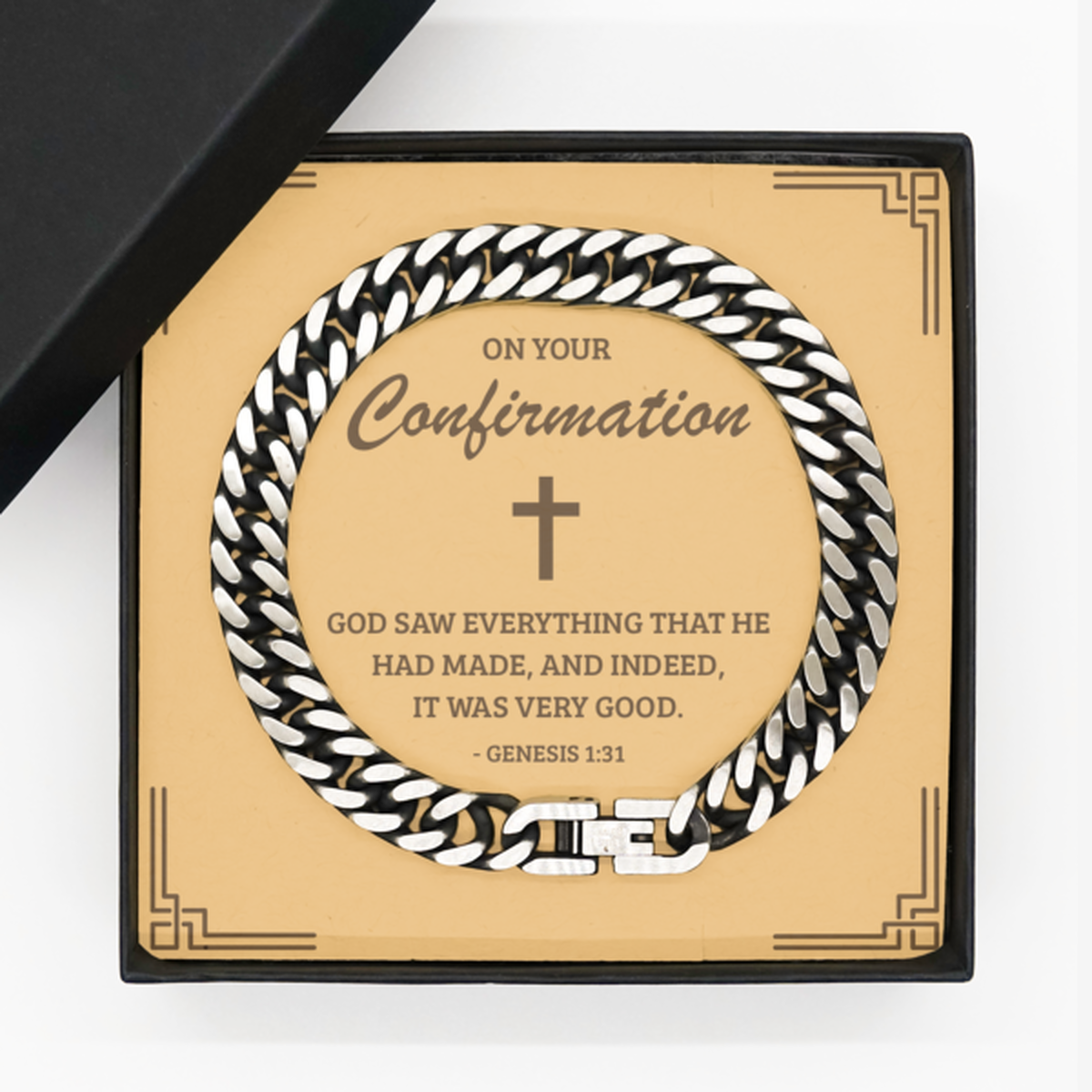 Confirmation Gifts for Teenage Boys, God saw everything that he had made, Cuban Link Chain Bracelet with Bible Verse Message Card, Religious Catholic Bracelet for Son, Grandson, Dad, Godfather