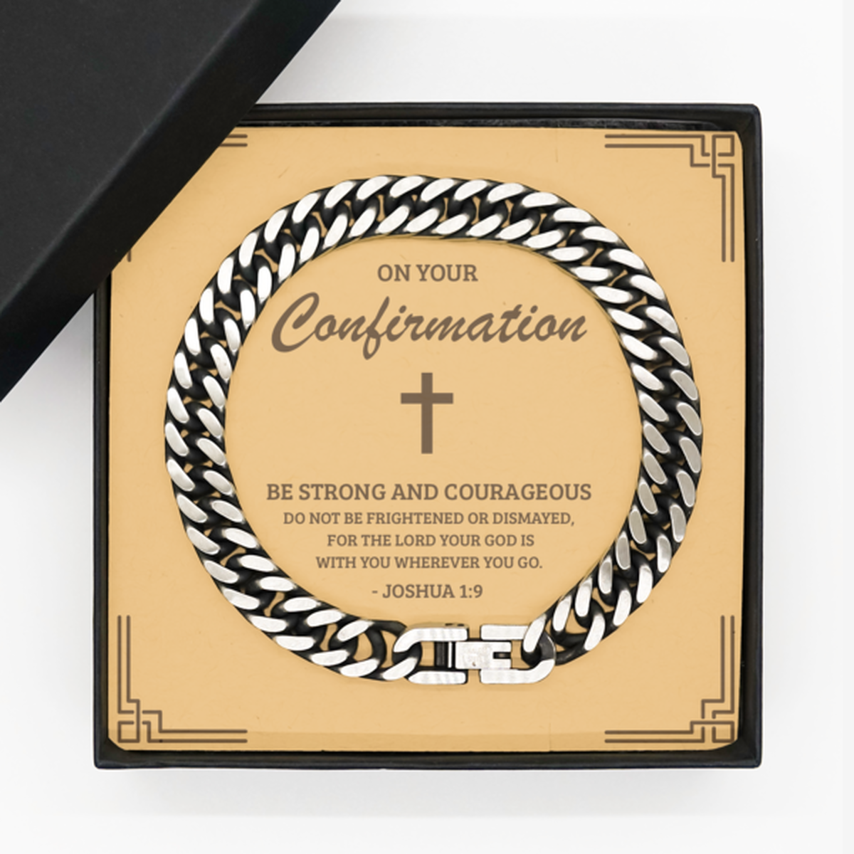 Confirmation Gifts for Teenage Boys, Be strong and courageous, Cuban Link Chain Bracelet with Bible Verse Message Card, Religious Catholic Bracelet for Son, Grandson, Dad, Godfather