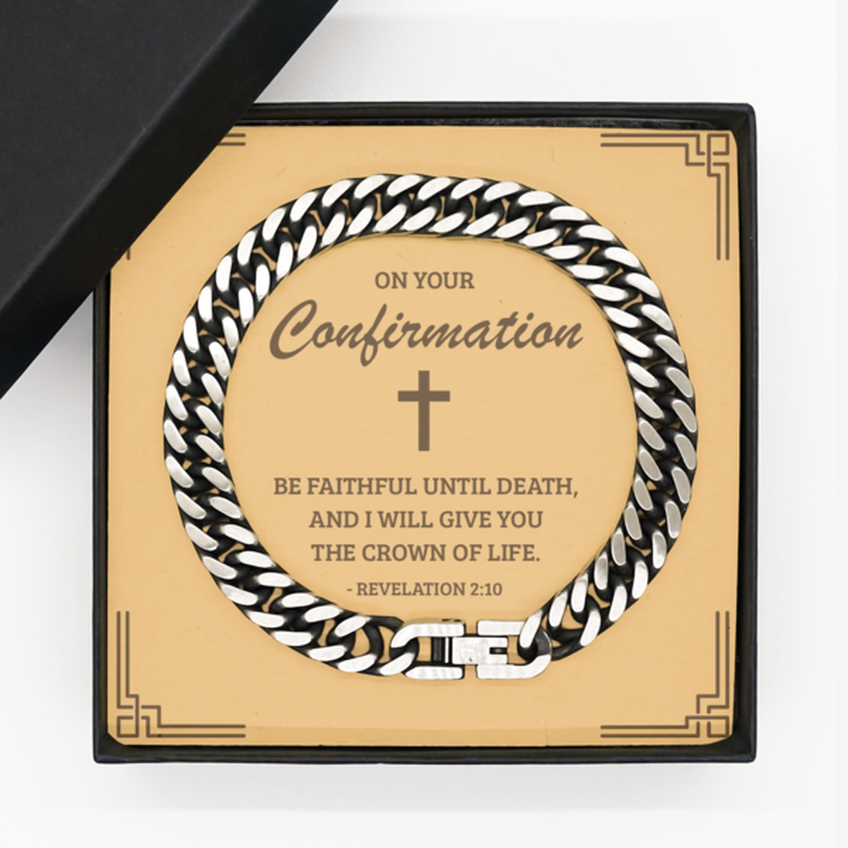 Confirmation Gifts for Teenage Boys, Be faithful until death, Cuban Link Chain Bracelet with Bible Verse Message Card, Religious Catholic Bracelet for Son, Grandson, Dad, Godfather