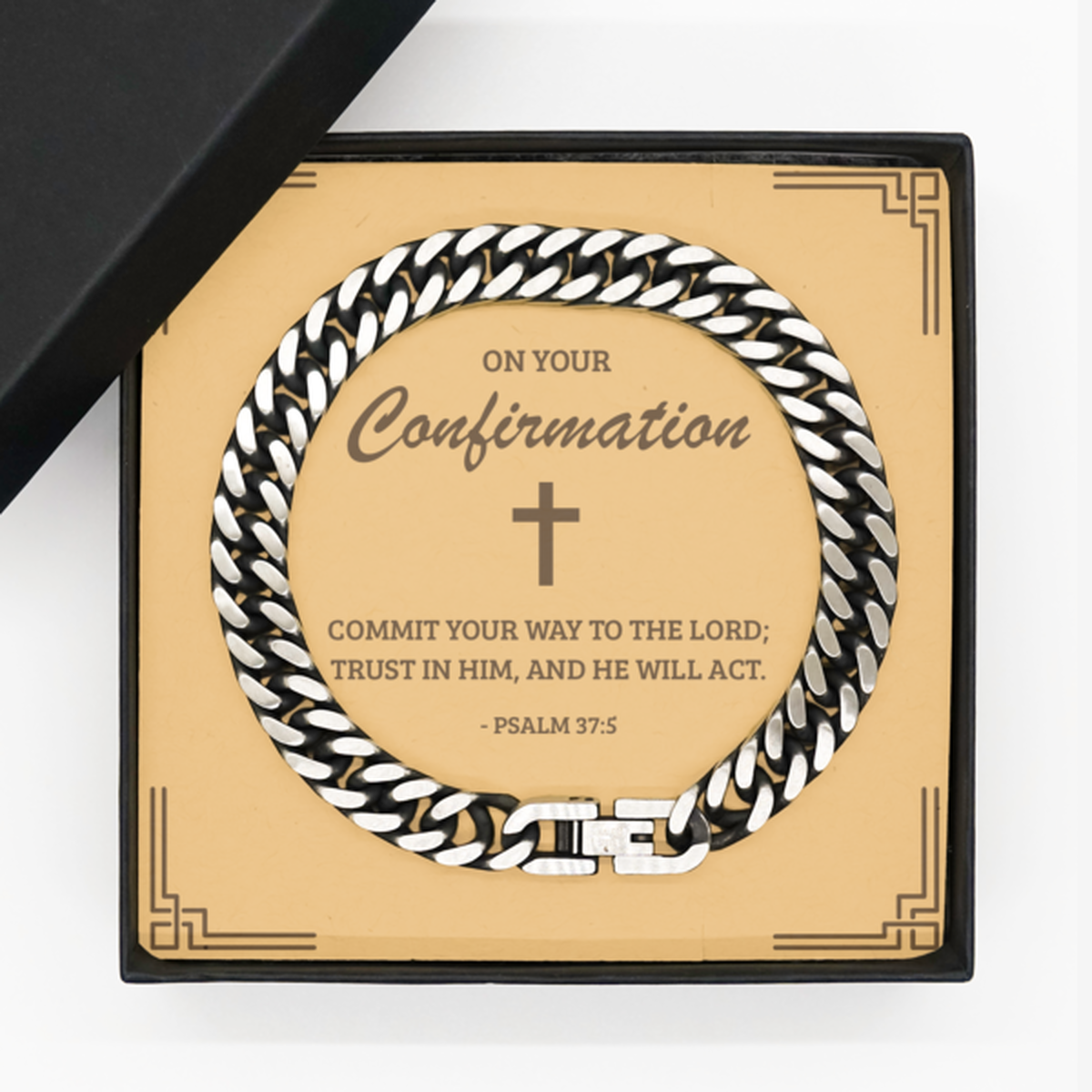Confirmation Gifts for Teenage Boys, Commit your way to the Lord, Cuban Link Chain Bracelet with Bible Verse Message Card, Religious Catholic Bracelet for Son, Grandson, Dad, Godfather
