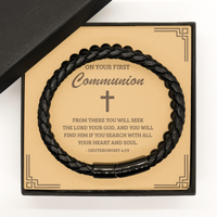 Load image into Gallery viewer, First Communion Gifts for Teenage Boys, From there you will seek the Lord your God, Stone Leather Bracelet with Bible Verse Message Card, Religious Catholic Bracelet for Son, Grandson, Dad, Godfather
